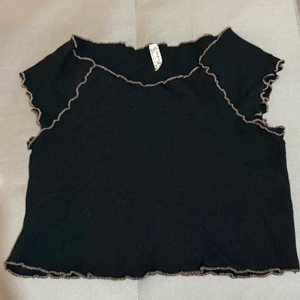 Free People Black Ruffled Cap Sleeve Crop Top